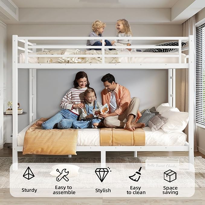 Queen Over Queen Bunk Bed Frame, Heavy Duty Metal Loft Bed for Adults/Teens, 350/600LB Capacity w/Ladder & Guardrail, Noise-Free Steel Slats, No Box Spring Required, White