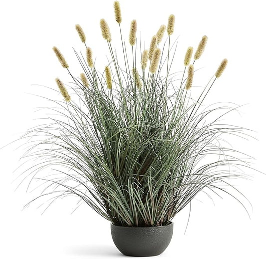 3ft Onion Grass, Extra Lush Artificial Plant and Greenery, Fake Floor Plants Indoor Outdoor, Potted Faux Green Bristlegrass with Yellow Spikes, Horsetail Reed Grass, House Decorative