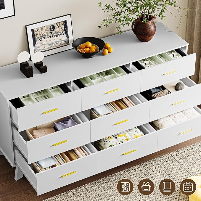 Dresser for Bedroom with 9-Drawer, 59" Wide Modern Chest of Drawers with Metal Handles, X-Shape Base & Adjustable Center Leg, Anti-Tip Closet Organizers and Storage
