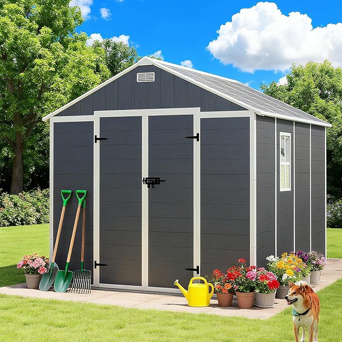 8x8 FT Outdoor Storage Resin Shed with Floor, Waterproof Plastic Garden Tool Shed with Windows, Vents & Lockable Door and Sloped Roof, Easy to Assemble Bike Shed for Patio, Backyard, Lawn, Black