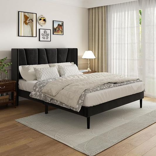 Queen Bed Frame with Headboard and Wingback, Velvet Upholstered Platform Bed, Mattress Foundation with Wooden Slat Support, No Box Spring Needed, Easy Assembly, Noise Free, Black