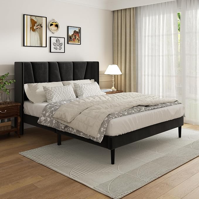 Full Bed Frame with Headboard and Wingback, Velvet Upholstered Platform Bed, Mattress Foundation with Wooden Slat Support, No Box Spring Needed, Easy Assembly, Noise Free, Black