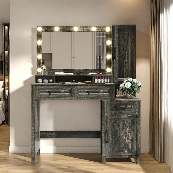 Makeup Vanity, Farmhouse Vanity with Square Mirror & Tricolor Lighting Adjustment, 43'' Fashion Makeup Desk with Two Spacious Drawers, Side Storage Cabinet & Built-in Charging Station, Brown