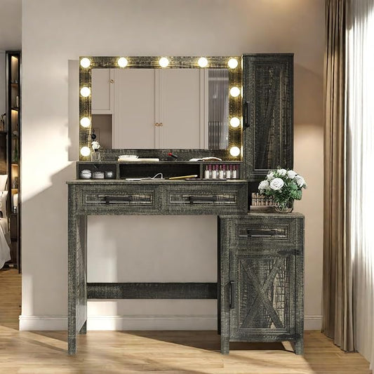 Makeup Vanity, Farmhouse Vanity with Square Mirror & Tricolor Lighting Adjustment, 43'' Fashion Makeup Desk with Two Spacious Drawers, Side Storage Cabinet & Built-in Charging Station, Brown