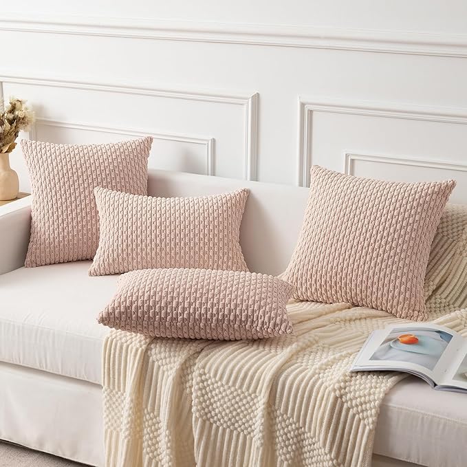 Kevin Textile 24x24 Pillow Covers 2 Packs Pink Throw Pillow Covers with Stripe Pattern Super Soft Corduroy Square Solid Cushion Cover Valentines Day Gifts for Couch Sofa Bedroom Living Room 60x60 cm