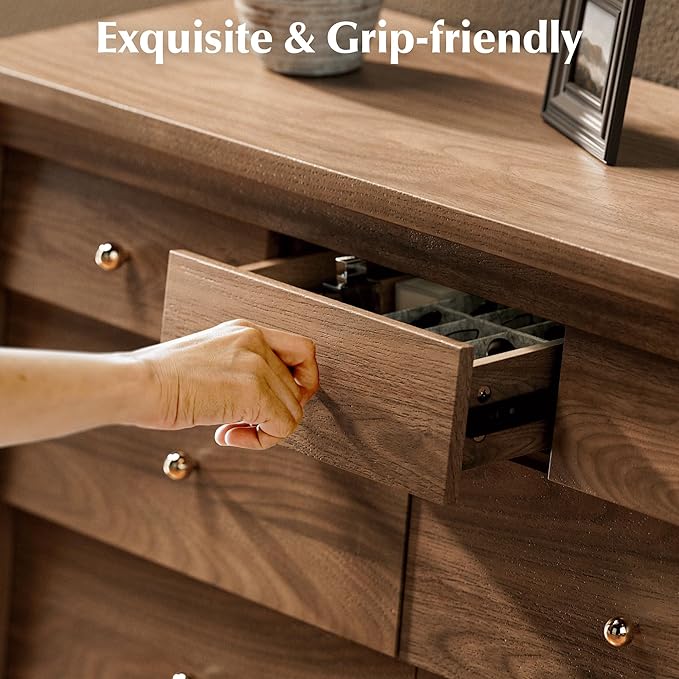 7 Drawers Dresser with Beveled Panel, Farmhouse Chest of Dressers for Bedroom, Wood Dresser TV Stand, Drawer Organizer for Bedroom, Living Room, Hallway, Walnut