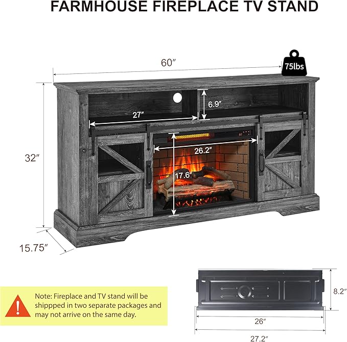 Fireplace TV Stand with Auto-Power-Off Door Sensor, Farmhouse 70" TV Console, Media Entertainment Center with Sliding Barn Door, Adjustable Shelves, Fireplace Heater, Dark Rustic Oak
