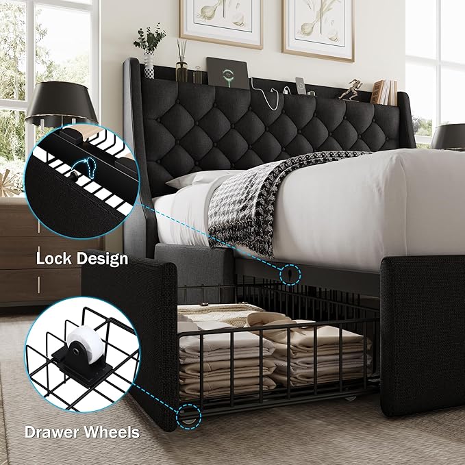 Full Size Bed Frame with 4 Storage Drawers, Giant Upholstered Wingback Headboard, Fast Charging Station, No Box Spring Needed, Noise-Free, Black