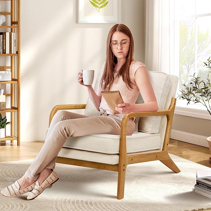 COLAMY Mid Century Modern Accent Chair Set of 2 with Lumbar Pillow, Relaxing Armchair with Solid Wood Frame & Soft Cushion, Reading Leisure Chair for Living Room（Beige）