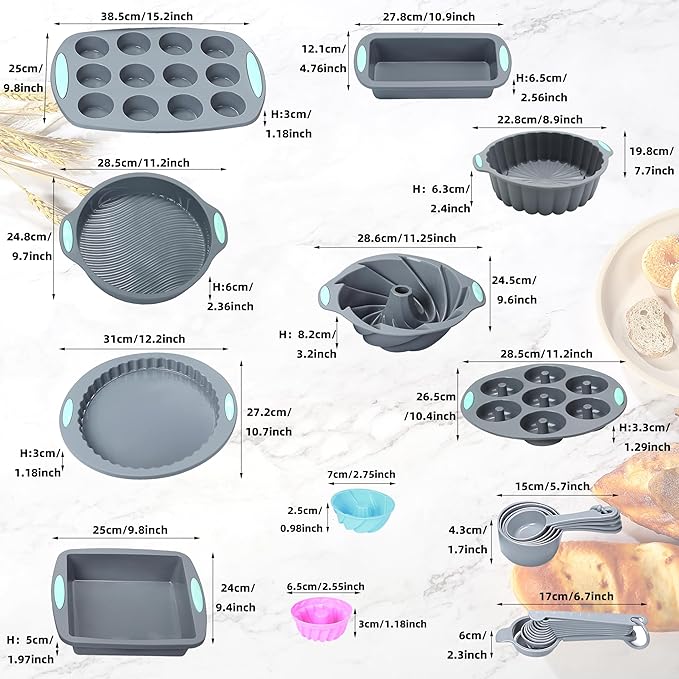 To encounter 49 Pieces Silicone Bakeware Set, Heat Resistant Baking Pans, Nonstick Baking Molds for Cake, Bread and Muffin, with Measuring Cups and Spoons Set, Light Grey