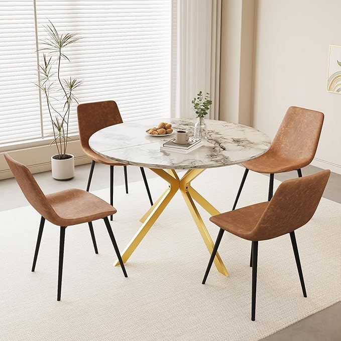 46.4" Round Dining Table, Mid Century Modern Round Dining Room Table for 4-6 with Metal Legs, Easy Assembly Coffee Table, Space-Saving Design for Kitchen and Dining Room