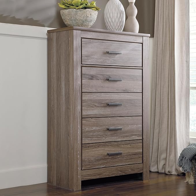 Signature Design by Ashley Zelen Rustic Contemporary 5 Drawer Chest of Drawers, Warm Gray