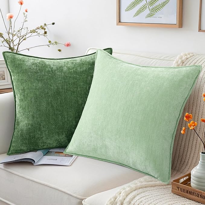 decorUhome Couch Throw Pillow Covers 22x22 Set of 2, Decorative Soft Euro Neutral Chenille Pillow Covers with Elegant Design for Sofa Bed Living Room Home Decor, Sage Green