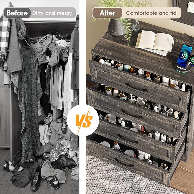 Fameill Dresser for Bedroom, 4 Drawer Small Dresser Organizer with Charging Station for Livingroom, Chest of Drawers with Metal Handles, Dark Brown