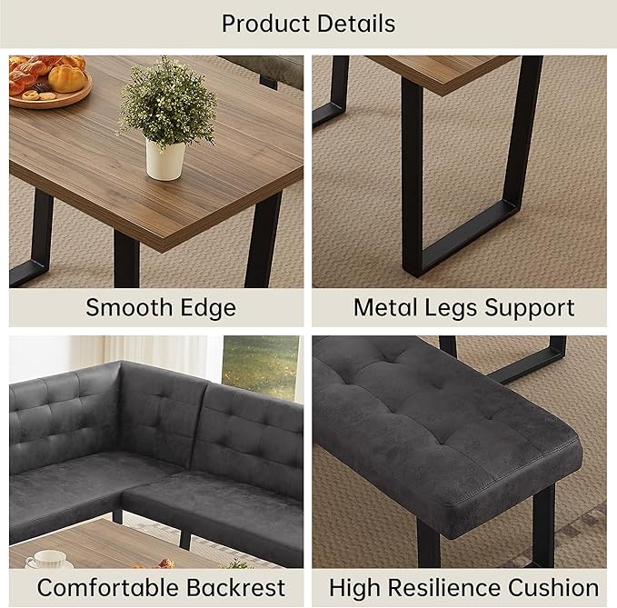 3-Piece Corner Dining Table Set with Bench, 70 Inch Space-Saving Breakfast Nook for Kitchen & Dining Room(Walnut Table & R-Seat Grey Bench)
