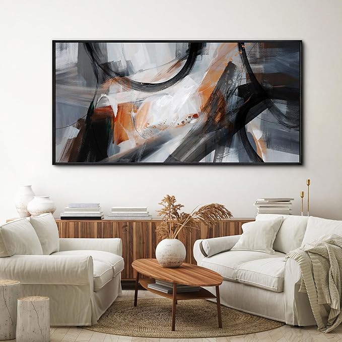 KLAKLA Wall Art for Living Room - Black and Orange Boho Abstract Canvas Framed Wall Decor Office Bedroom Art Modern Large Picture Artwork for Walls Prints Paintings Artwork 48x24 Inches