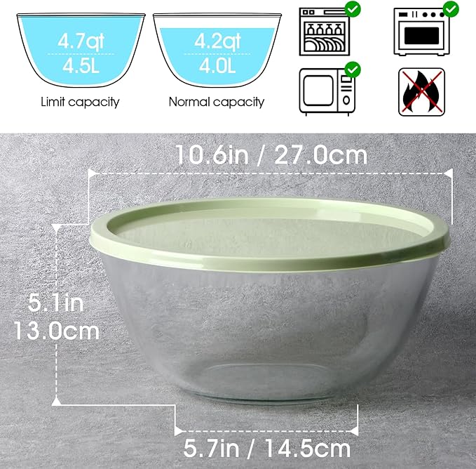 NUTRIUPS 4.7 Quart Large Glass Mixing Bowl with Lid, Deep Big Glass Bowl Large Salad Bowl