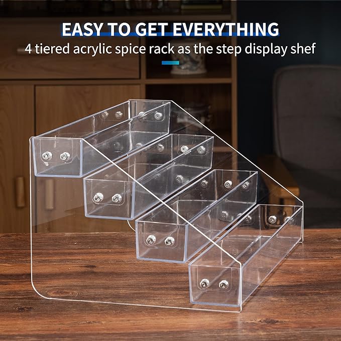 Acrylic Spice Rack, Tiered Spice Rack Shelf Seasoning Organizer for Countertop, Cabinet, Pantry, Kitchen Storage - 4 Tier