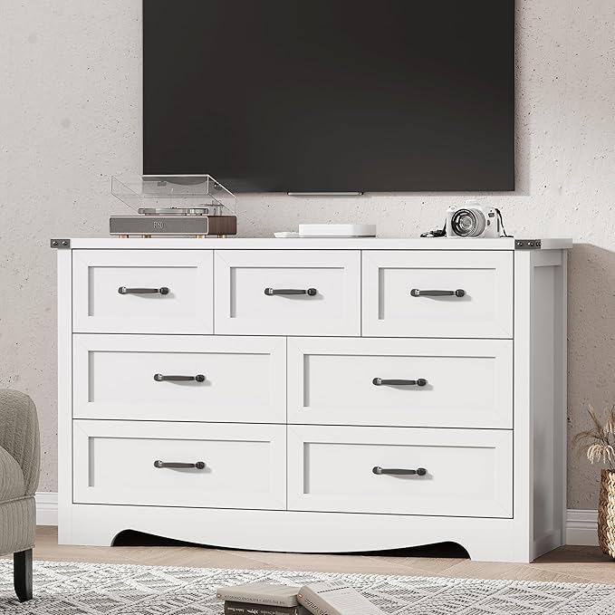 Dresser for Bedroom with 7 Drawers, 48" Wide Modern Chest of Drawers with Deep Drawers & Mental Handle, Wood Dresser TV Stand, Wooden Closet Storage Organizer for Living Room, Hallway, Entryway, White