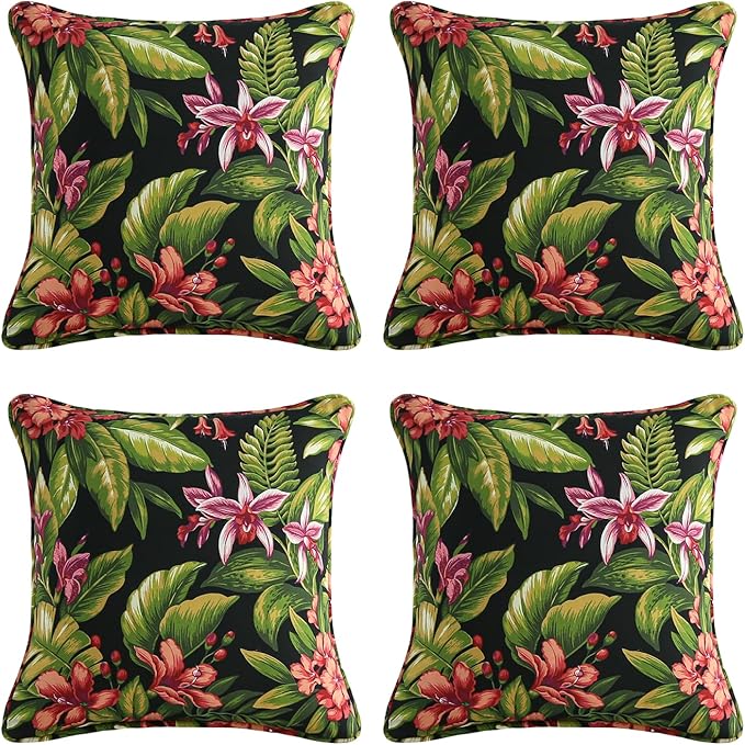 Outdoor Decorative Pillows Pack of 4, 16" x 16" Outdoor Pillow Set for Couch Bed Throw Patio Sofa, Red Flower Green Leaf