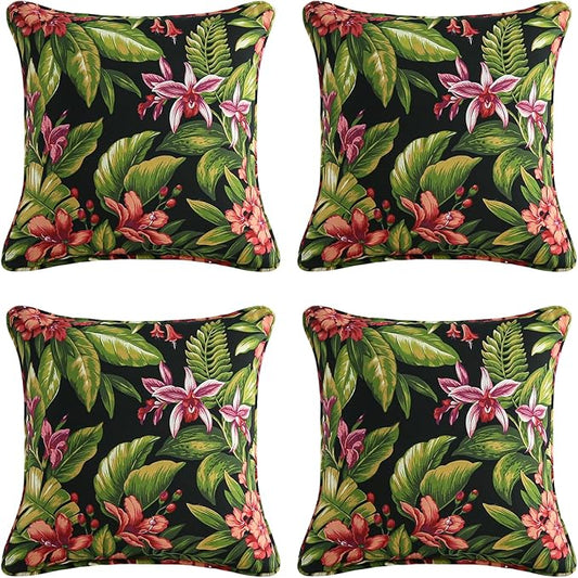 Outdoor Decorative Pillows Pack of 4, 16" x 16" Outdoor Pillow Set for Couch Bed Throw Patio Sofa, Red Flower Green Leaf