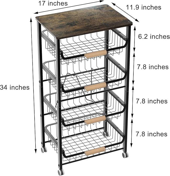 5-Tier Fruit Basket,Desktop Storage Organizer,Pull-Out Kitchen Storage Rack,Multi-Functional Storage Trolley for Office, Living Room, Kitchen, Movable Storage Organizer with Wheels,Black