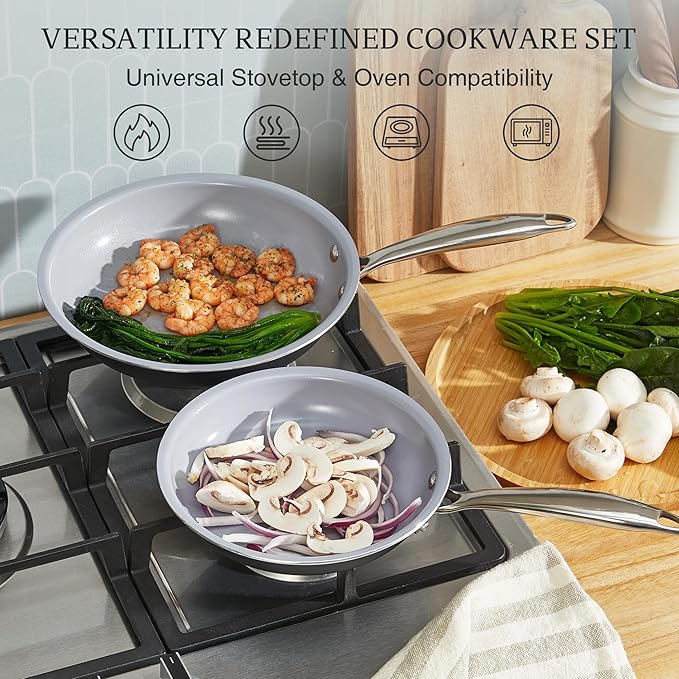 KITEXPERT Non Stick Frying Pans Set, Titanium Ceramic Pan Skillet Set Non Toxic, 8" 9.5" 11" Nonstick Frying Pan, Stainless Steel Handle, Dishwasher & Oven Safe, PFAS & PTFE & PFOA Free, Grey