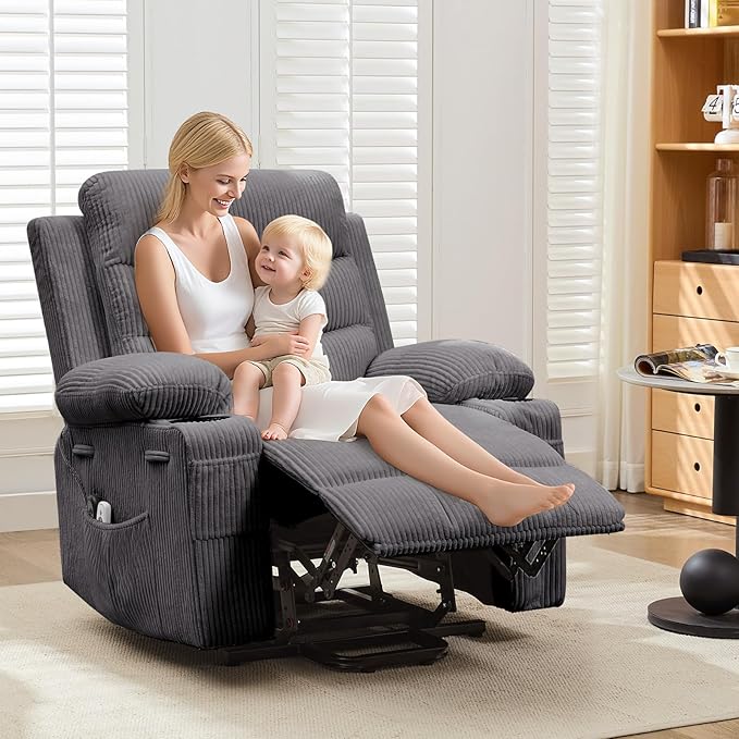 Power Lift Recliner Chair for Elderly, Living Room Massage & Heat, Small Spaces Useage or RV Single Sofa for Adults, 135° Reclining Accent Chairs, 2 Cup Holders and Side Pockets (Corduroy Gray)