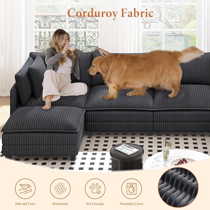 Vesgantti 109" L Shaped Cloud Sectional Couch, Comfy Corduroy Upholstered Modular Couches for Living Room, Modern 3 Seater Sectional Sofa with Ottoman Deep Seat, Dark Grey