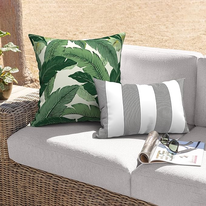 Outdoor Throw Pillows with Inners, All Weather Patio Pillows Set of 2, Square Pillows Decorative for Home Garden Furniture, 20x20 Inch, Swaying Palms Green