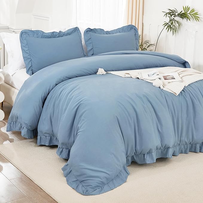 Litanika Grayish Blue King Size Comforter Set, 3 Pieces Ruffle Farmhouse Aesthetic Bedding Comforter Set, All Season Soft Lightweight Fluffy Microfiber Bed Set(104x90In Comforter, 2 Pillowcases)