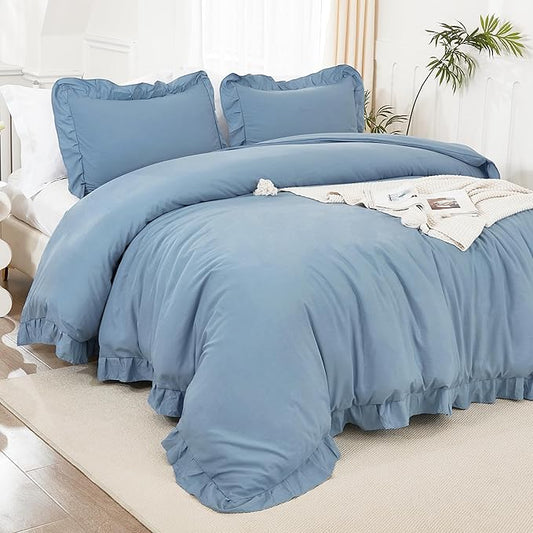 Litanika Grayish Blue Queen Comforter Set, 3 Pieces Ruffle Farmhouse Aesthetic Bedding Comforter Set, All Season Soft Lightweight Fluffy Microfiber Bed Set(90x90In Comforter, 2 Pillowcases)