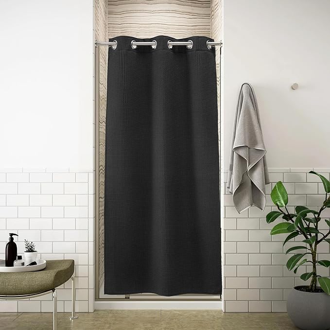 River Dream Stall Waffle Weave Shower Curtain with Snap-in Liner, Cotton Blend, No Hooks Needed, Black, 36x74 inches