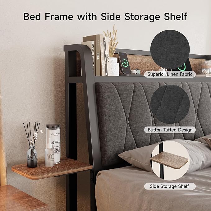 Twin Size Bed Frame with Side Storage Shelf, Ergonomic Upholstered Headboard with Charging Station, Twin Platform Bed Frame, Metal Slats Support, No Box Spring Needed, Easy Assembly, Black