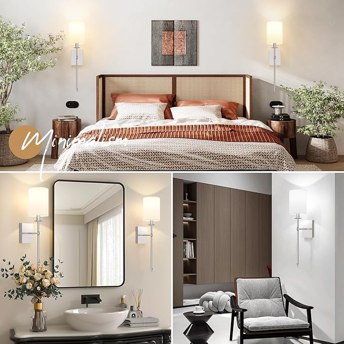 24.8 Inch Battery Operated Wall Sconces Set of 2 with Remote, Brushed Nickel Rechargeable Wireless Wall Lights with White Fabric Shade, Cordless Wall Lamps with Dimmable Detachable Bulbs for Bedroom