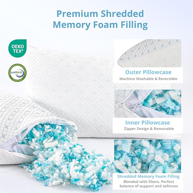 Cooling Pillows Queen Size Set of 2 - Adjustable Shredded Memory Foam Pillow for Sleeping, Bed Pillows for Side, Back, Stomach, Hot Sleepers, with Washable Cover, Supportive, 2 Pack