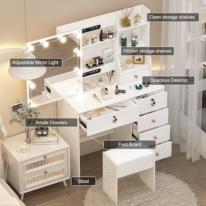 Small Makeup Vanity Desk with Lights and Slidind Mirror, Vanity Table Set with Chair, Lighted Dressing Table with 3 Adjustable Light Modes, 6 Drawers, 6 Shelves, White Vanity Desk for Women