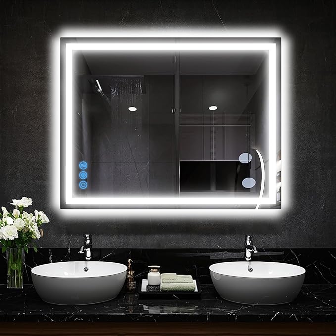 Antok 36"x 28" LED Bathroom Mirror with Lights, Anti-Fog, Dimmable, Lighted Vanity Mirror with Tempered Glass, Memory Function, 3 Light Modes, Safe Use, Horizontal, Vertical