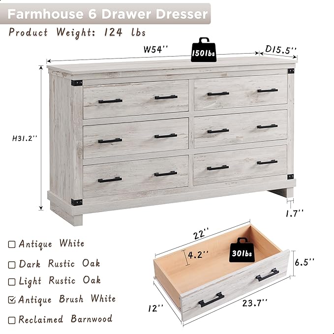 T4TREAM Farmhouse 6 Drawers Dresser for Bedroom, 54" Wide Wood Chest of Drawers w/Natural Texture & Metal Handle, Rustic Storage Dressers Organizer for Living Room, Hallway, Antique Brush White