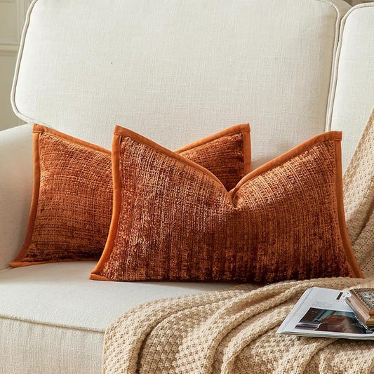 Yaertun Pack of 2 Chenille Textured Decorative Throw Pillow Covers Accent Solid Cushion Cover Soft Cozy Pillow Case with Velvet Back for Couch Sofa Bed Living Room 16x24 Inch Burnt Brick