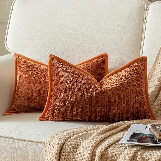 Yaertun Pack of 2 Chenille Textured Decorative Throw Pillow Covers Accent Solid Cushion Cover Soft Cozy Pillow Case with Velvet Back for Couch Sofa Bed Living Room 12x20 Inch Burnt Brick