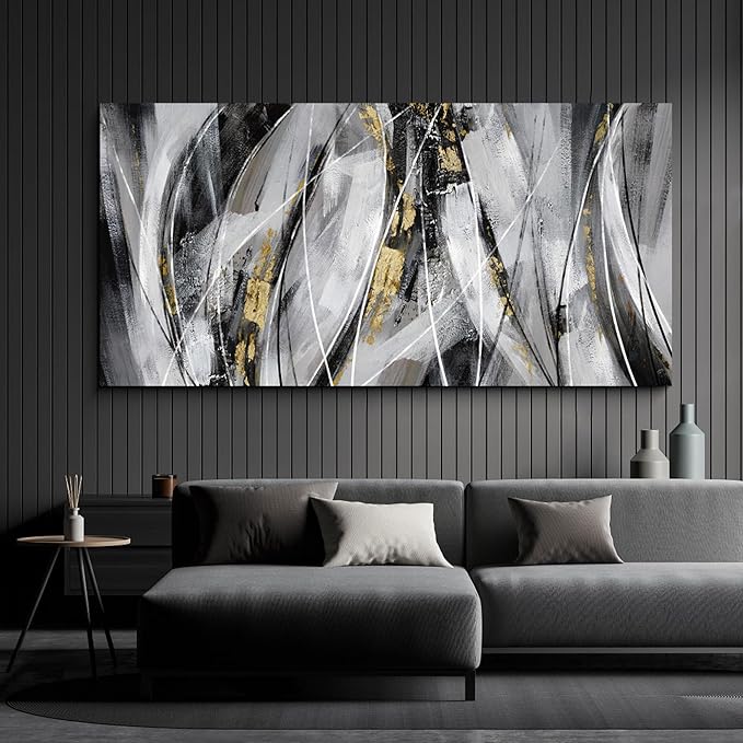 KLAKLA Black Wall Art for Living Room - Large Wall Decor Gold White Gray Abstracr Canvas Wall Art - Bedroom Art Painting Picture Artwork for Wall