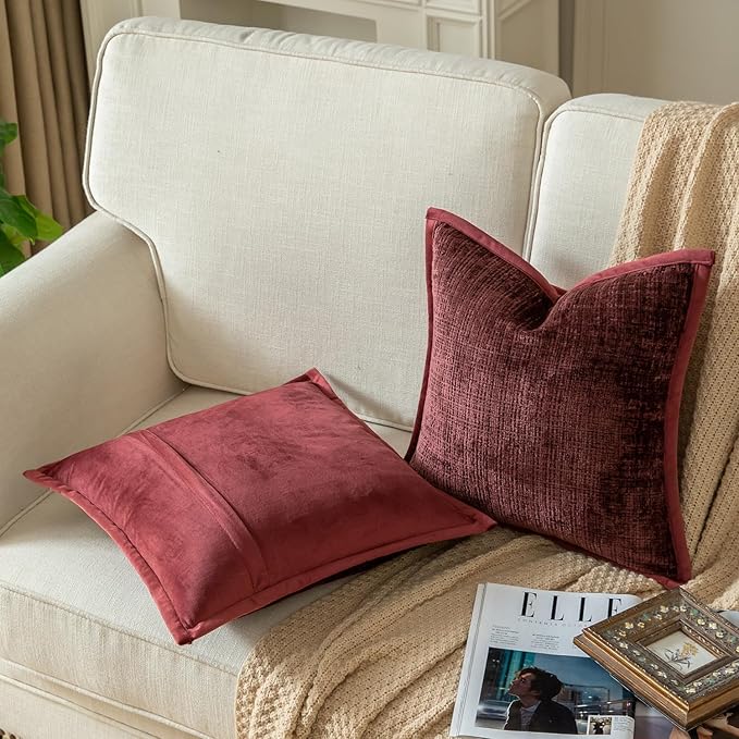 Yaertun Pack of 2 Chenille Textured Decorative Throw Pillow Covers Accent Solid Cushion Cover Soft Cozy Pillow Case with Velvet Back for Couch Sofa Bed Living Room 22x22 Inch Burgundy
