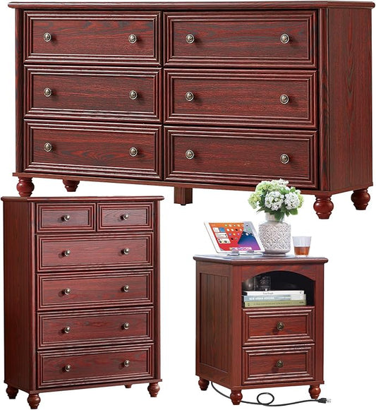 Farmhouse Dressers & Night Stand Set of 3, Wood 54" Wide 6 Drawer Dresser & 43.5"Tall Chest of Drawers, 18" with Charging Station Nightstand, Bedroom Furniture Dresser Set for Home Living Room Hallway