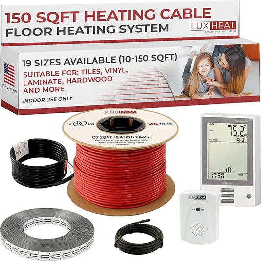 150sqft Floor Heating Cable Kit - 120v Heated Flooring Kit - Heated Flooring System Includes UDG Programmable Thermostat w/GFCI, Radiant Floor Heating Cable, Strapping, Sensor & Alarm