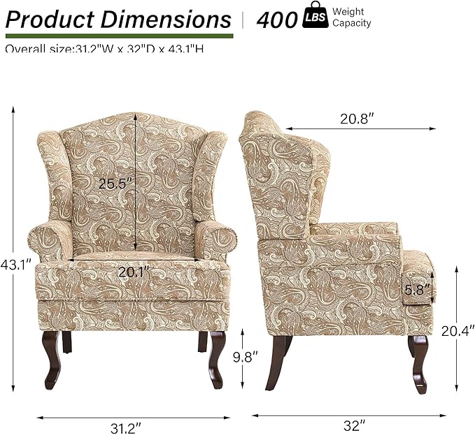 Accent Chair, High Back Upholstered Armchair with High Resilience Sponge & Wood Legs, Mid-Century Modern Comfy Single Sofa Reading Chairs for Living Room, Bedroom (Floral Sand, Set of 2)