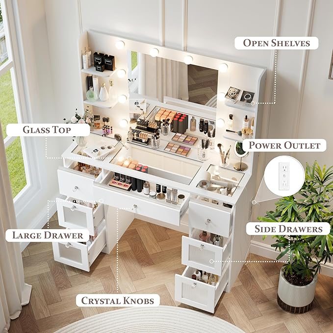 Makeup Vanity with Lights 3 Colors, Glass Top Vanity Desk with 7 Lighted Drawers, 4 Shelves, Power Outlet, Makeup Desk with Mirror for Bedroom, Dressing Table with Mirror for Women, Light White