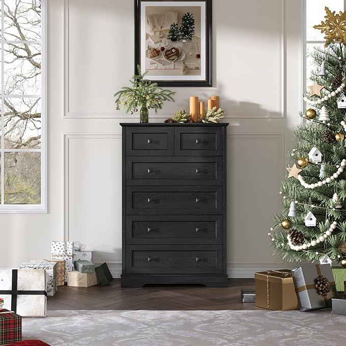 Farmhouse 6 Drawers Dresser Chests for Bedroom, Tall Black 6 Chest of Drawers, Wood Dressers Organizer for Closet, Modern Storage Organizer Cabinet for Bedroom,Living Room,Hallway & Entryway