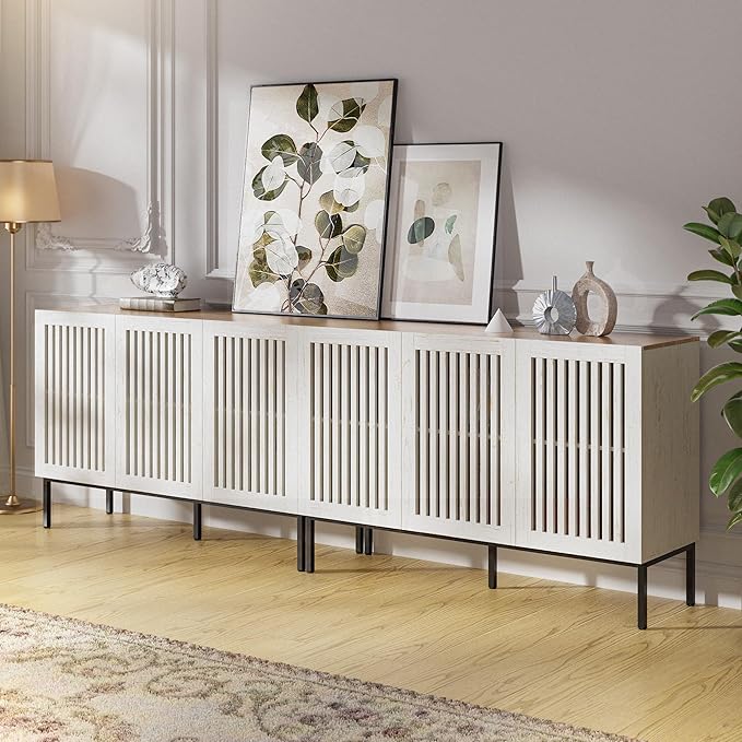 Farmhouse TV Stand for 100 Inch TVs, 2-in-1 Entertainment Center with Storage Cabinets & Metal Base, Antique White Media Console for Living Room