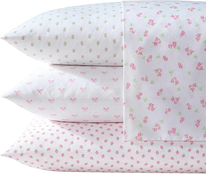 Laura Ashley Kids - Twin XL Sheet Set, Soft & Wrinkle-Resistant Toddler Bedding Set, Deep Pockets, Girl Bed Sheets with Matching Fitted Sheet & Pillowcase (Busy Bee Pink)